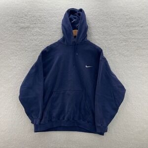 Vintage Nike Hoodie Men's 2XL Navy Blue 90s White Tag Made in USA Faded Sports